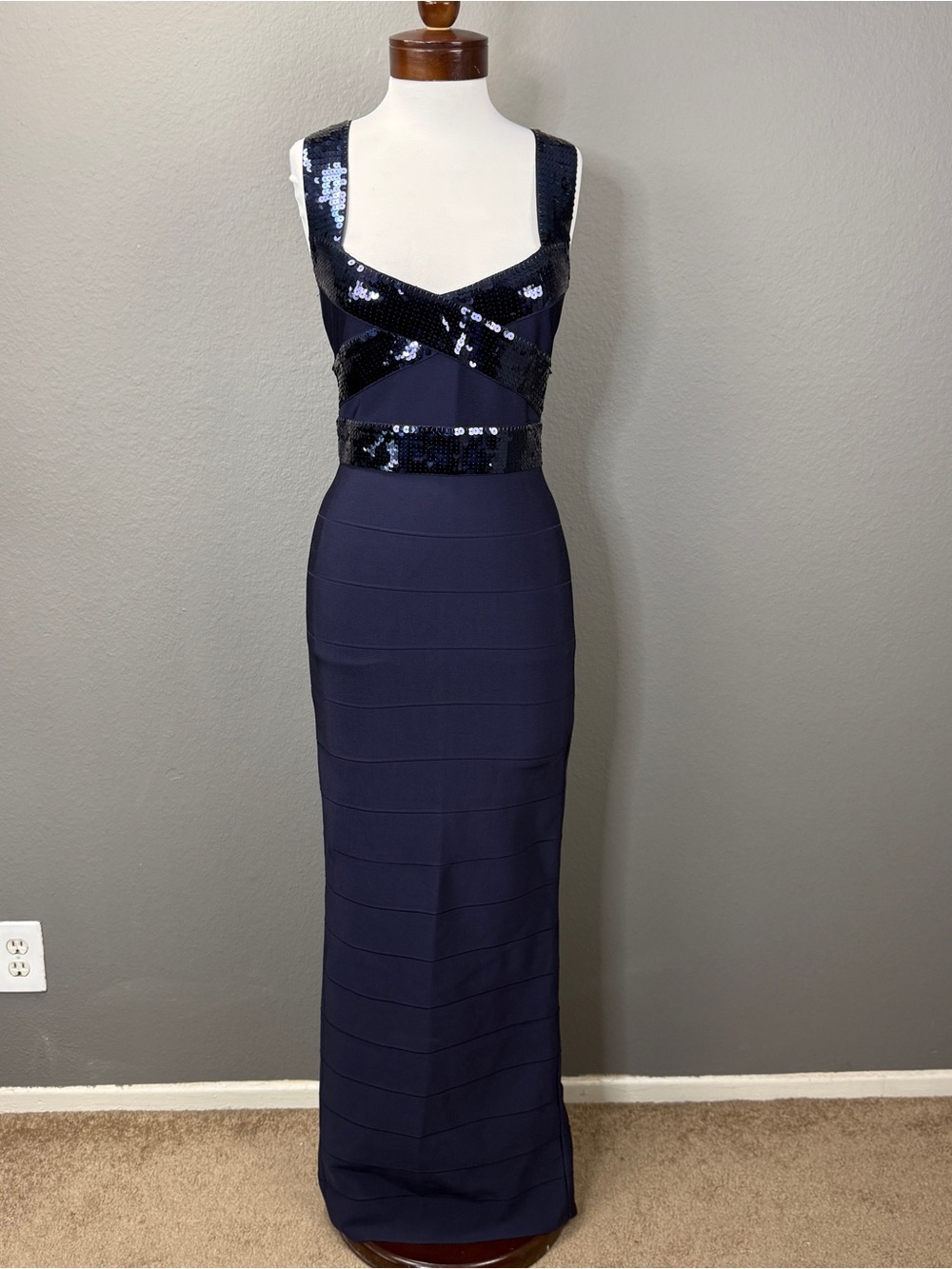 Herve Leger Sequin Bandage Gown Navy Blue Maxi Dress Sweetheart Evening Medium M